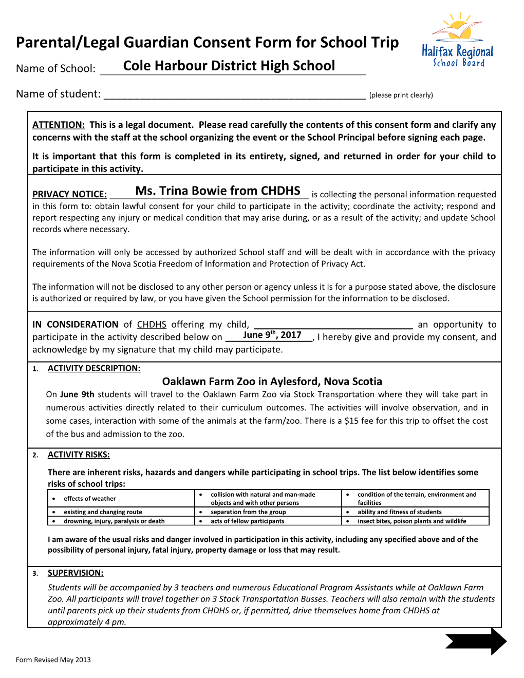 Parental/Legal Guardian Consent Form for School Trip
