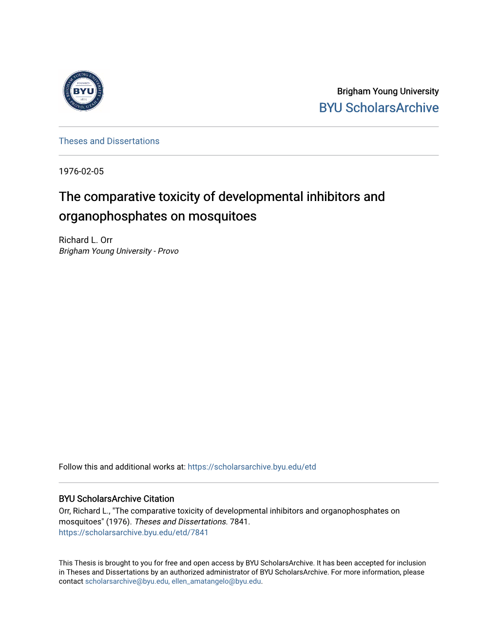 The Comparative Toxicity of Developmental Inhibitors and Organophosphates on Mosquitoes