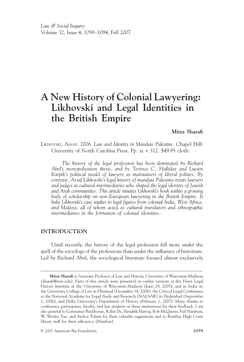 A New History of Colonial Lawyering: Likhovski and Legal Identities in the British Empire