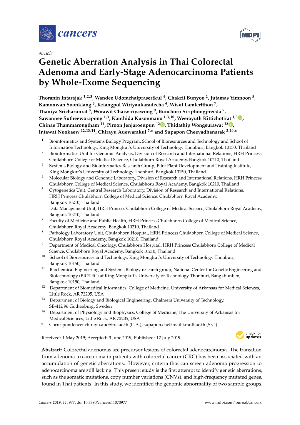 Genetic Aberration Analysis in Thai Colorectal Adenoma and Early-Stage Adenocarcinoma Patients by Whole-Exome Sequencing