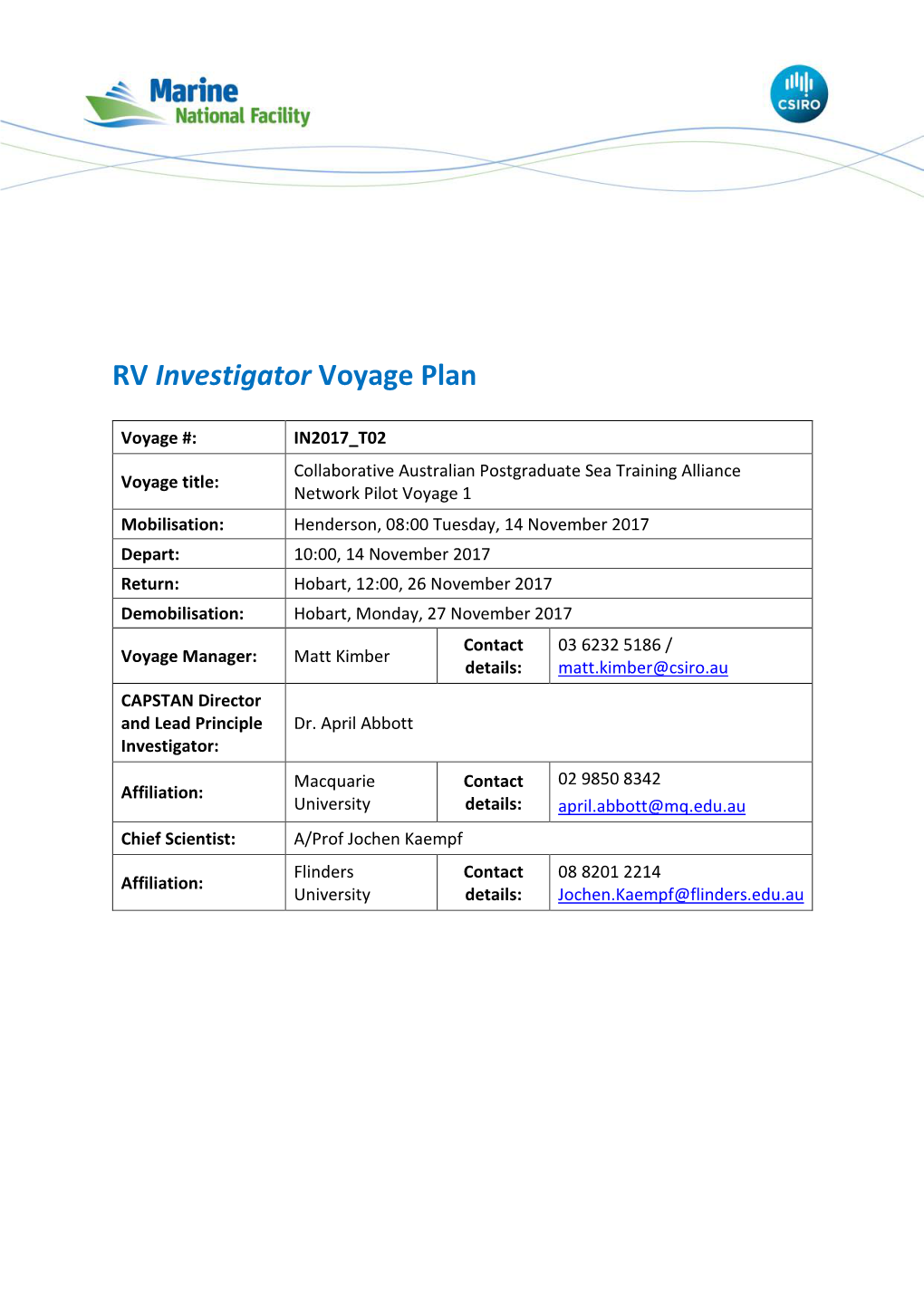 RV Investigator Voyage Plan