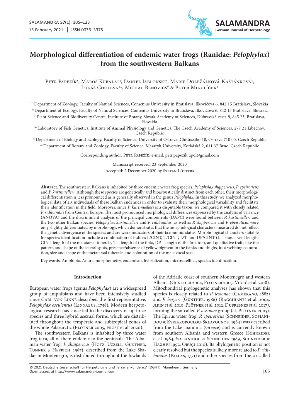 Morphological Differentiation of Endemic Water Frogs (Ranidae: Pelophylax) from the Southwestern Balkans