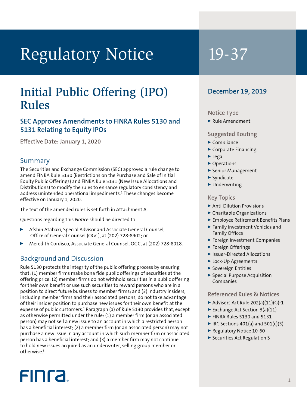 Regulatory Notice 19-37