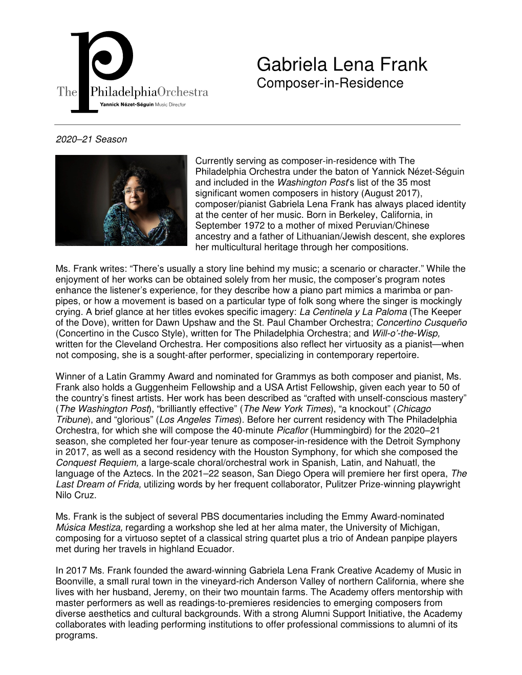 Gabriela Lena Frank Composer-In-Residence