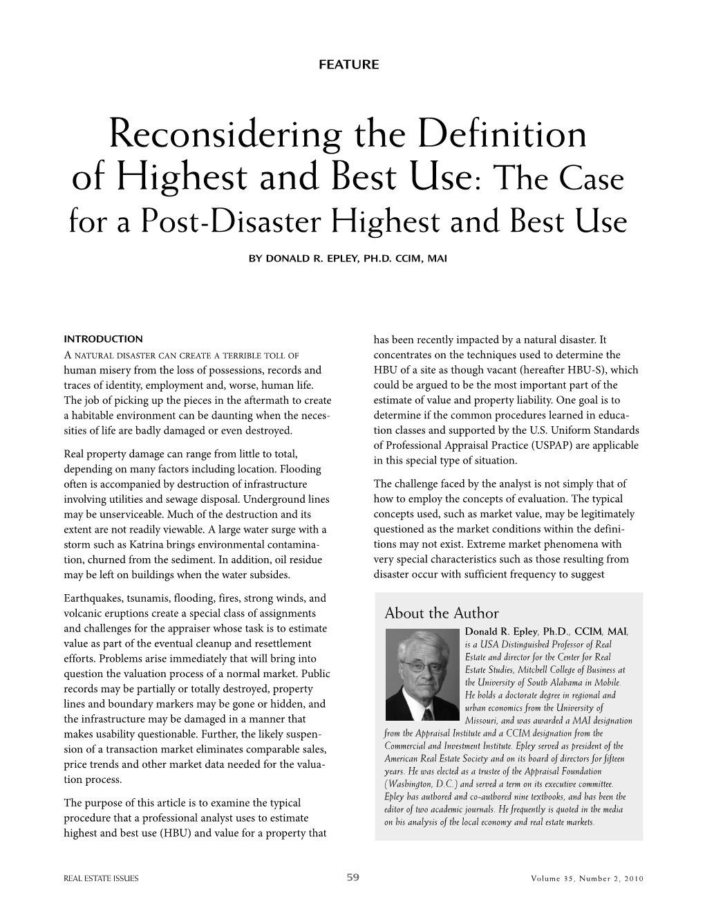 Reconsidering the Definition of Highest and Best Use: the Case for a Post-Disaster Highest and Best Use