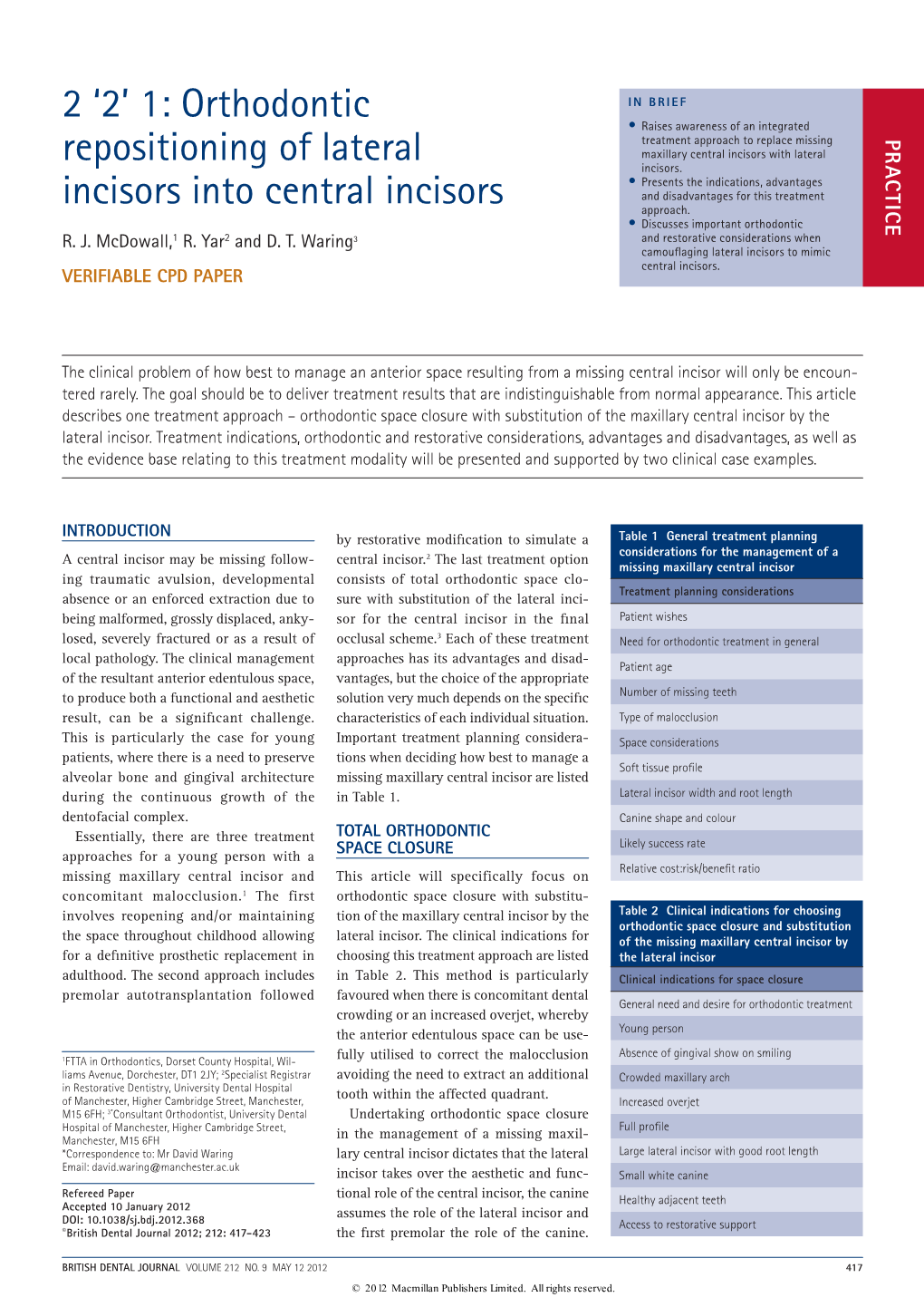 Orthodontic Repositioning of Lateral Incisors Into Central Incisors