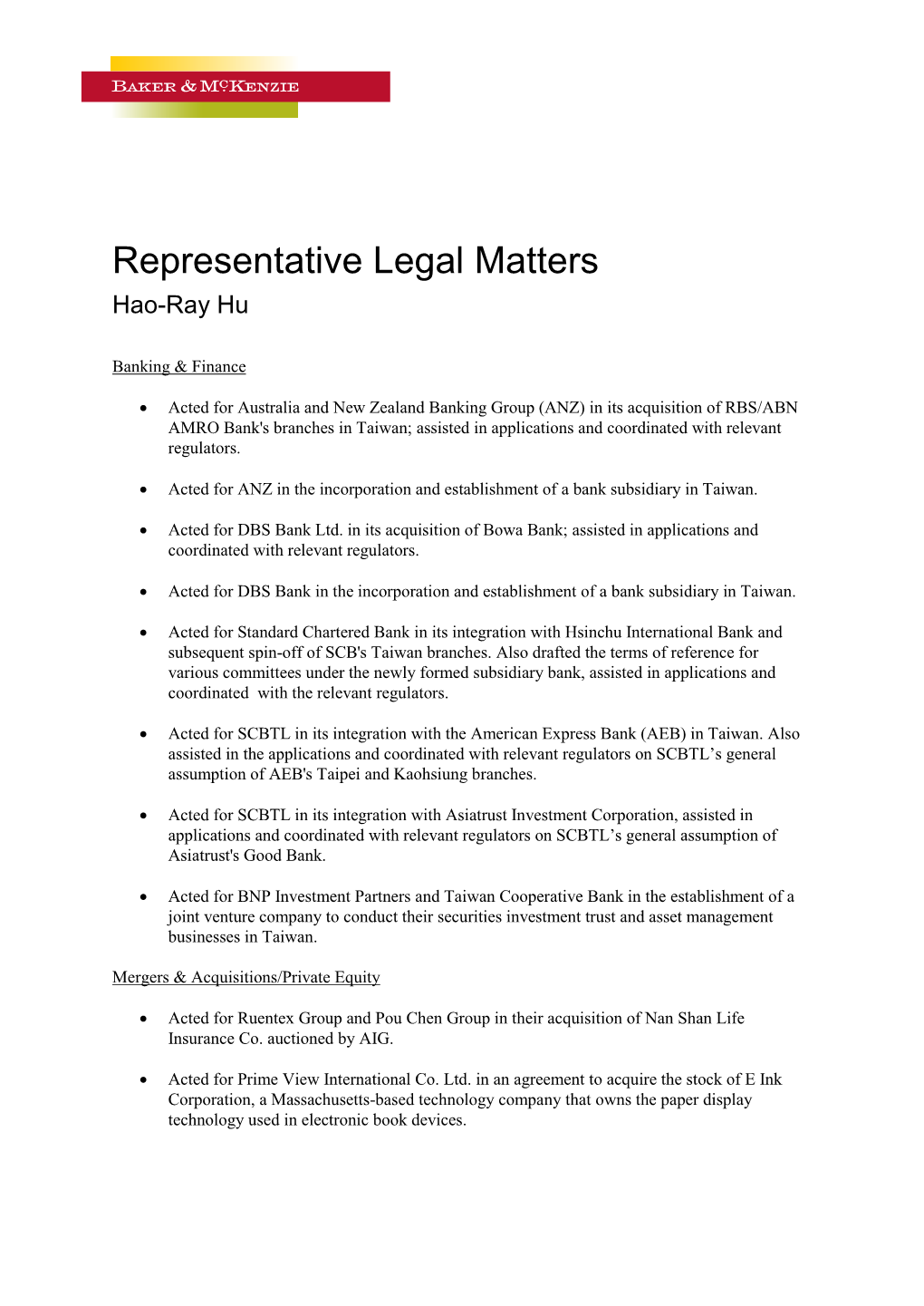 Representative Legal Matters Hao-Ray Hu