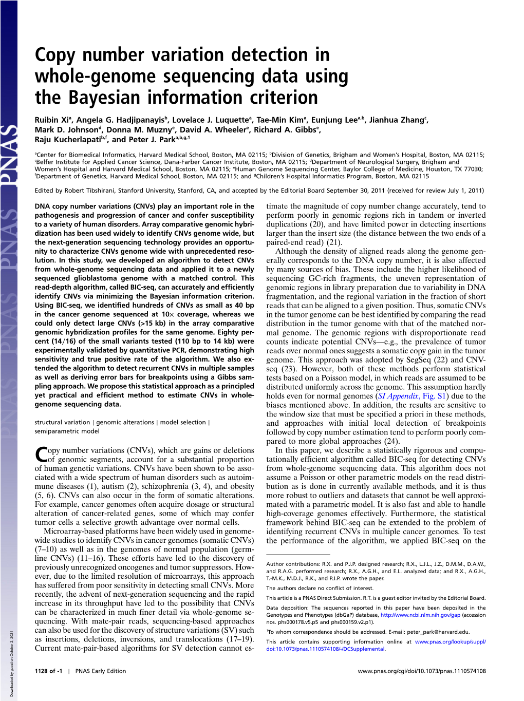 Copy Number Variation Detection in Whole-Genome Sequencing Data Using the Bayesian Information Criterion