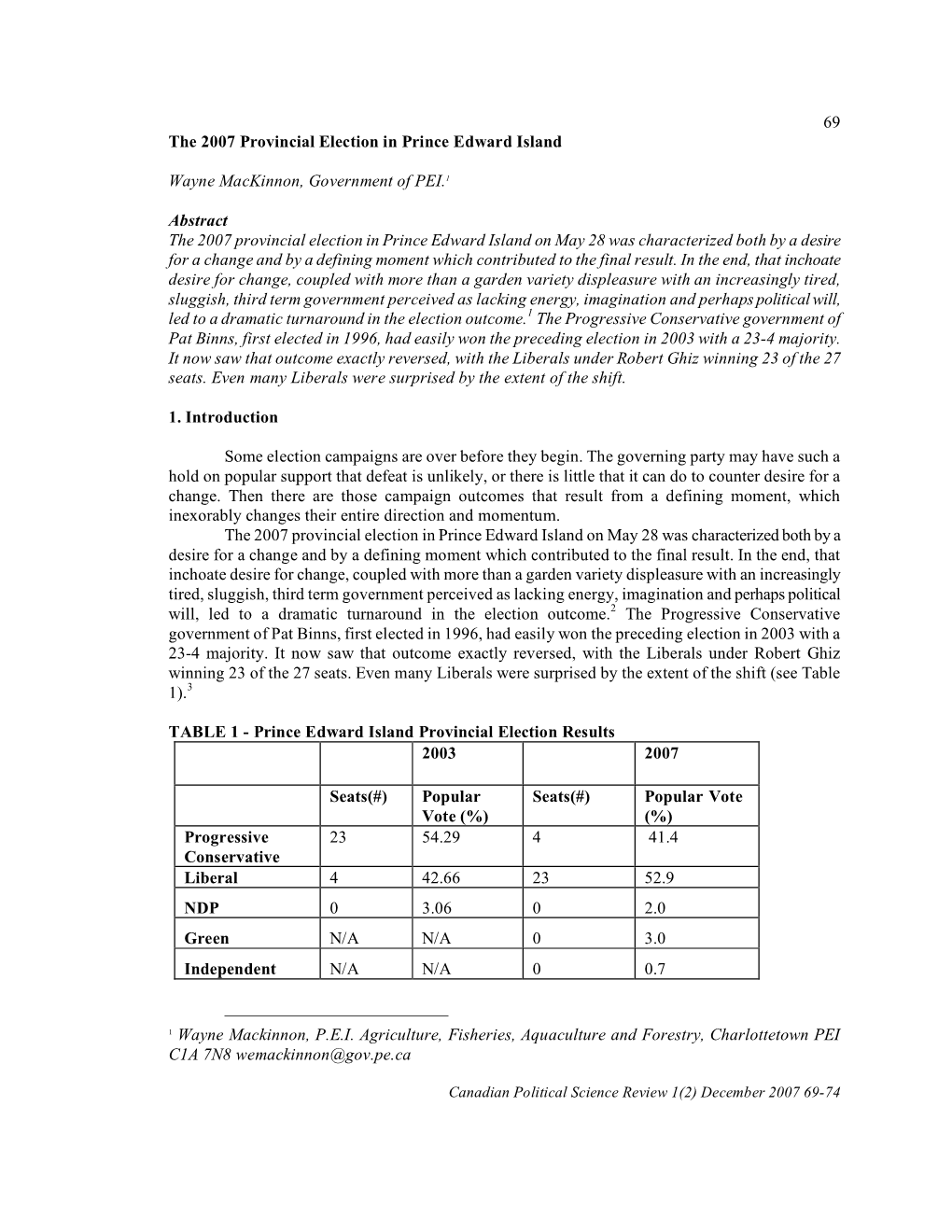 69 the 2007 Provincial Election in Prince Edward Island Wayne
