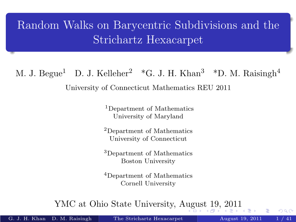 Random Walks on Barycentric Subdivisions and the Strichartz Hexacarpet