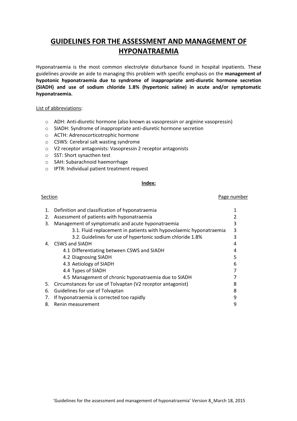 Guidelines for the Assessment and Management of Hyponatraemia