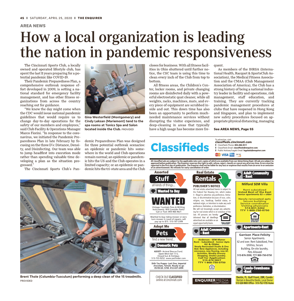 How a Local Organization Is Leading the Nation in Pandemic Responsiveness the Cincinnati Sports Club, a Locally Closes for Business