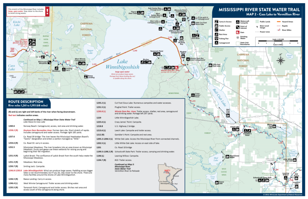 A State Water Trail Map of the Mississippi River from Cass Lake to Vermillion River