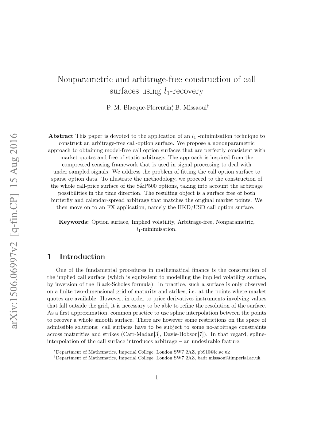 Nonparametric and Arbitrage-Free Construction of Call Surfaces Using L1-Recovery