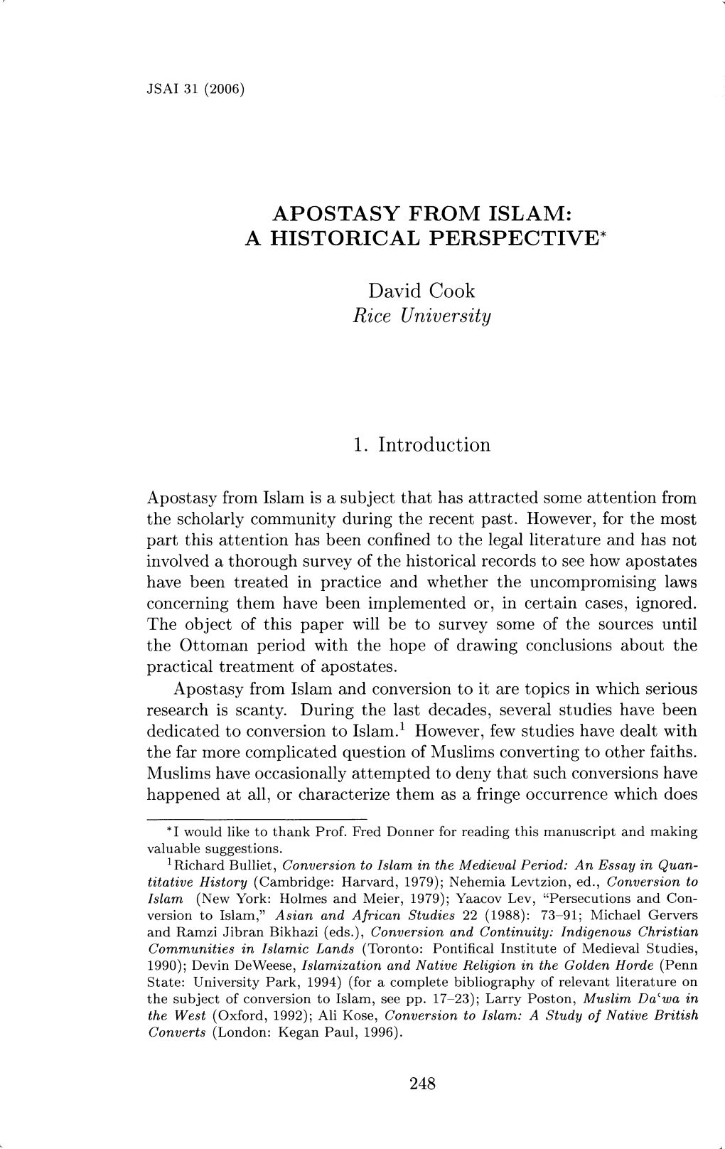 Apostasy from Islam: a Historical Perspective*