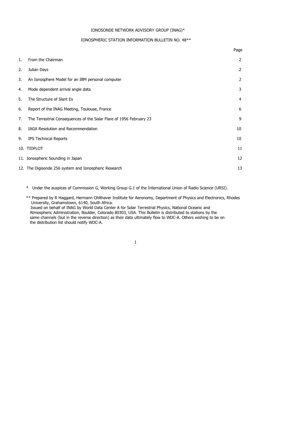 Ionosonde Network Advisory Group (Inag)*