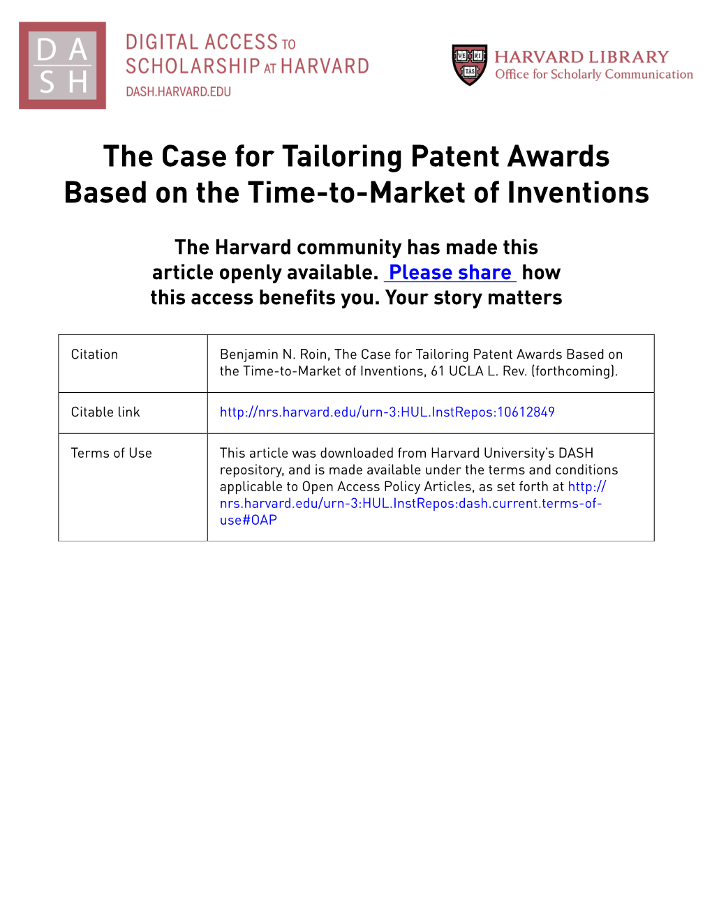 Case for Tailoring Patent Awards 3-15-13