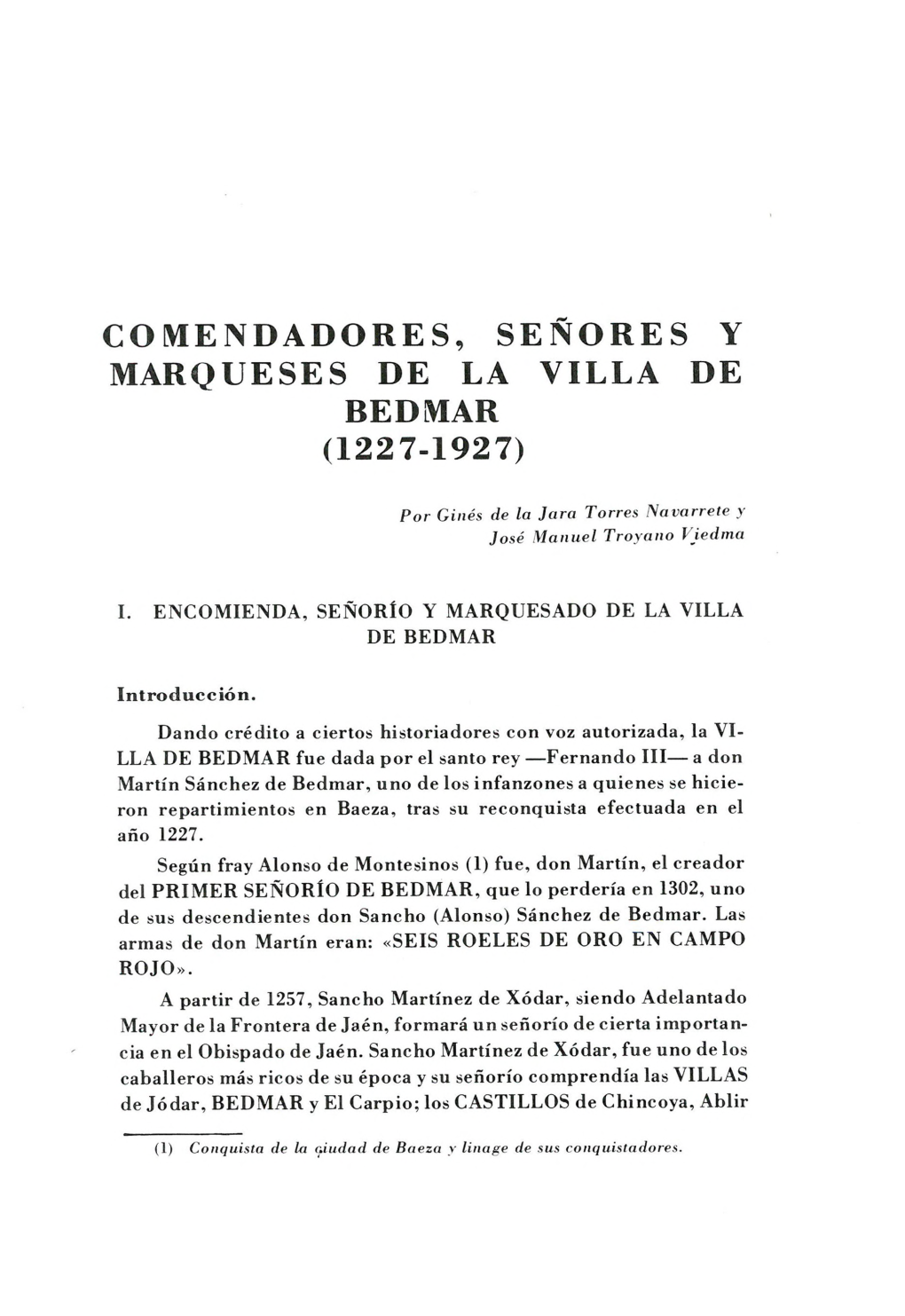 Comendadores, Señores Y Marqueses De La Villa De Bedmar ( 1227-1927)