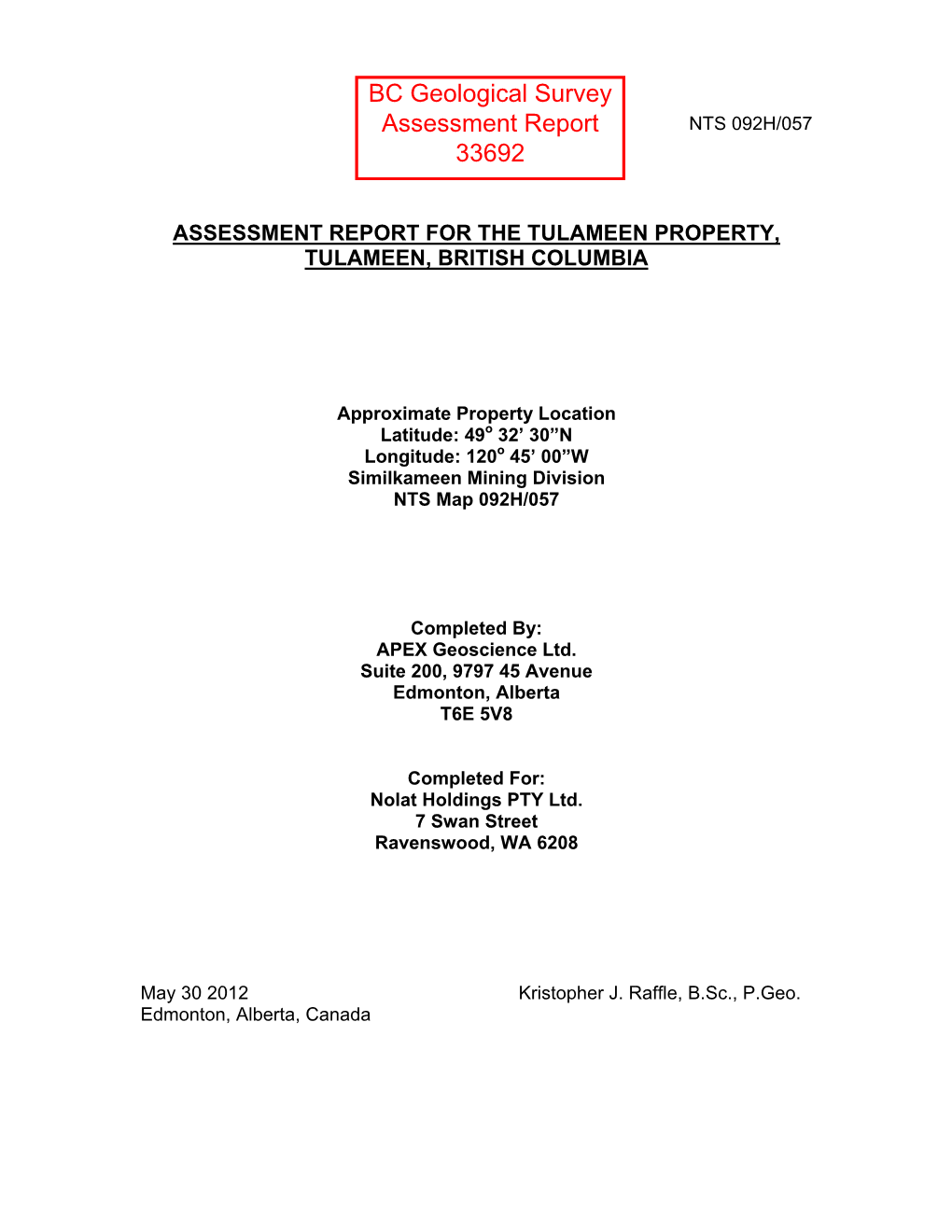 BC Geological Survey Assessment Report 33692