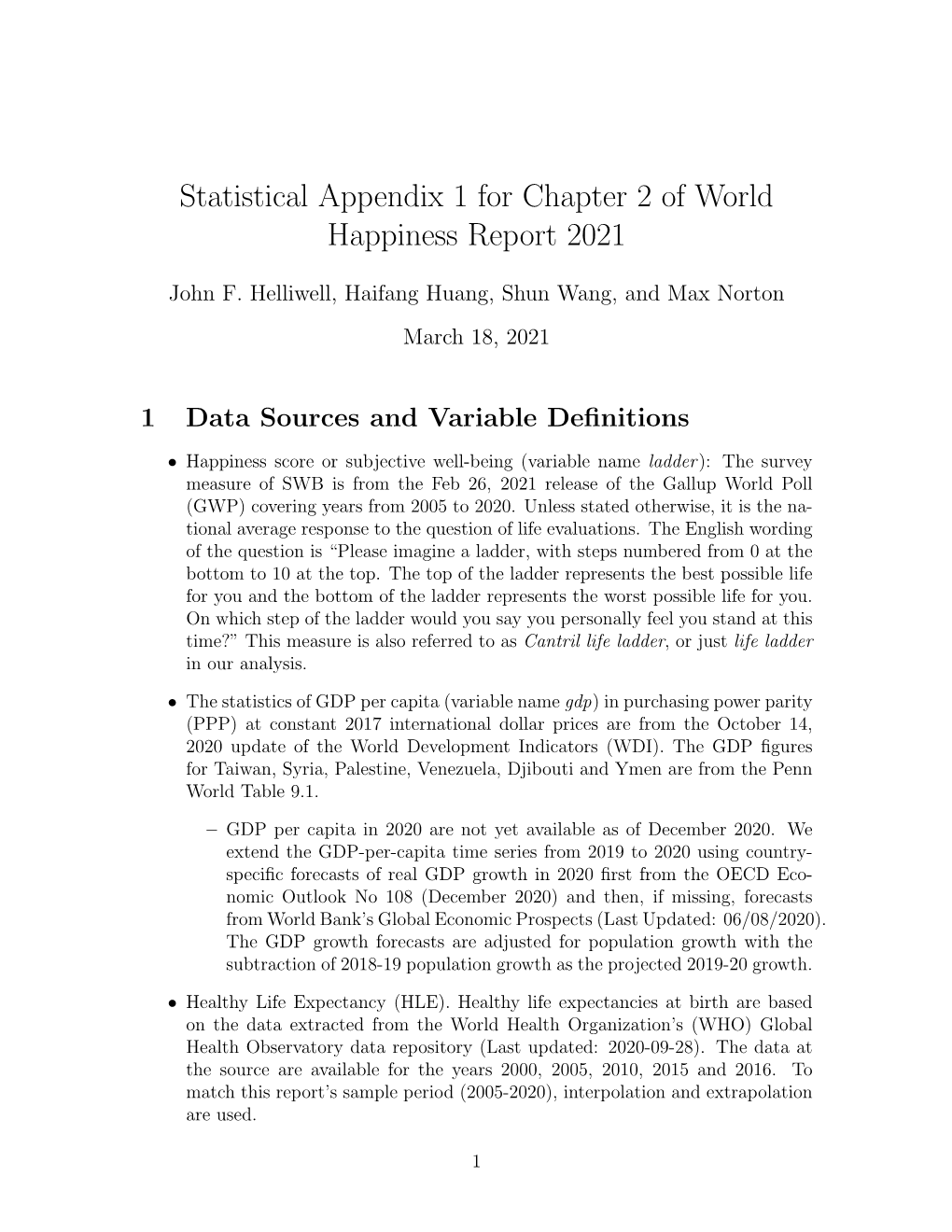 Statistical Appendix 1 for Chapter 2 of World Happiness Report 2021