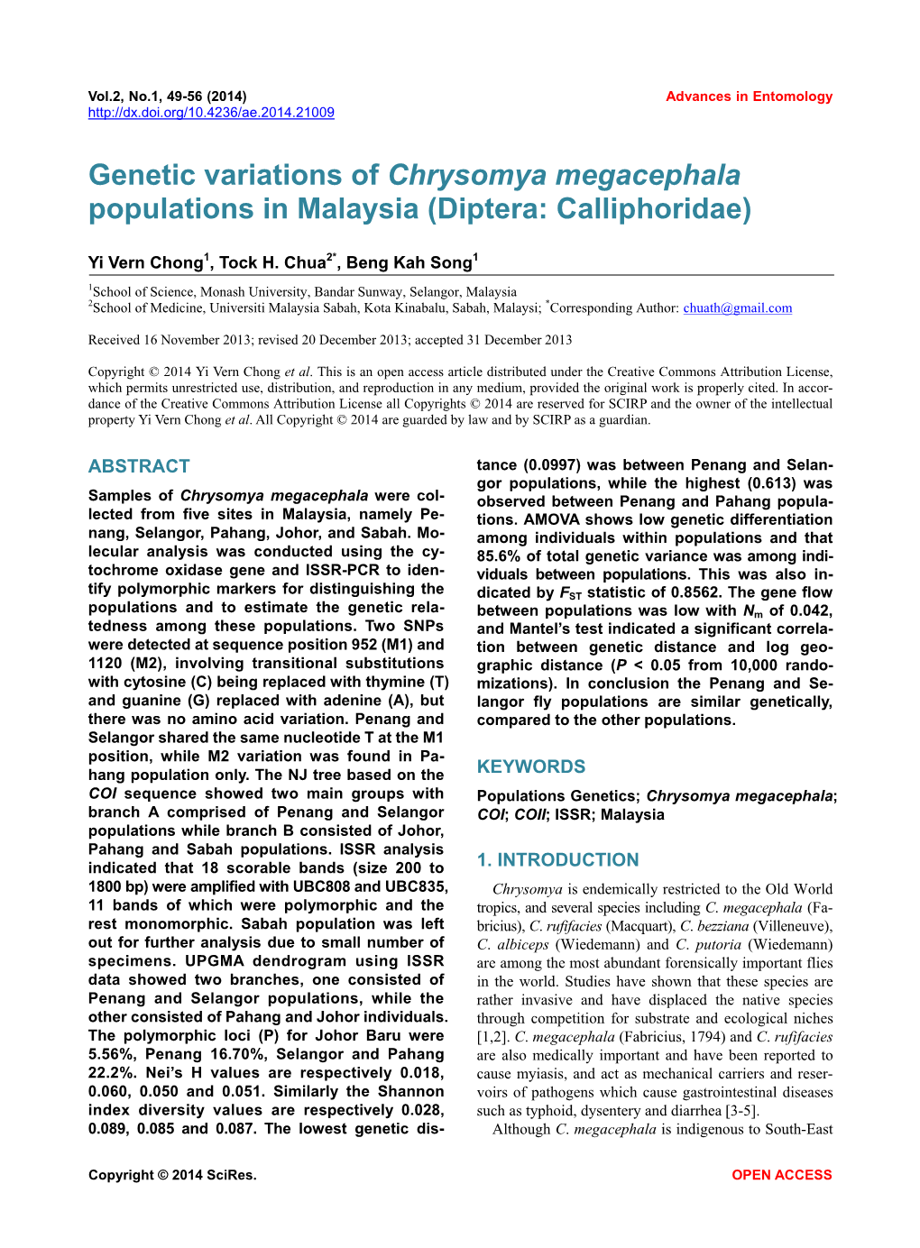 Genetic Variations of Chrysomya Megacephala Populations in Malaysia (Diptera: Calliphoridae)