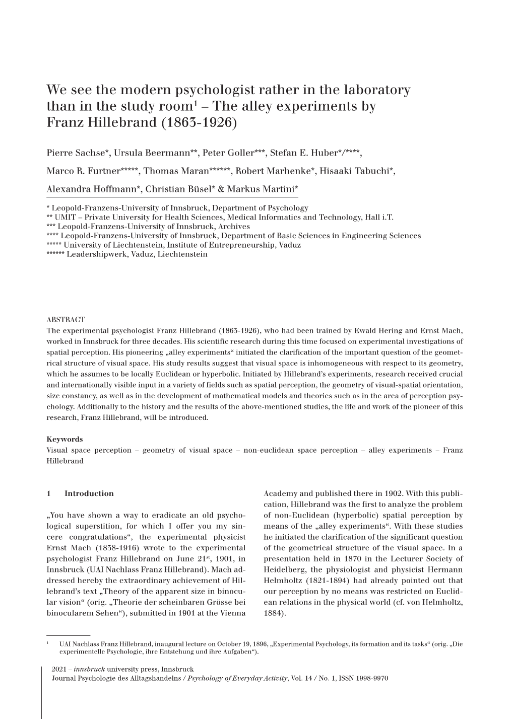 We See the Modern Psychologist Rather in the Laboratory Than in the Study Room1 – the Alley Experiments by Franz Hillebrand (1863-1926)