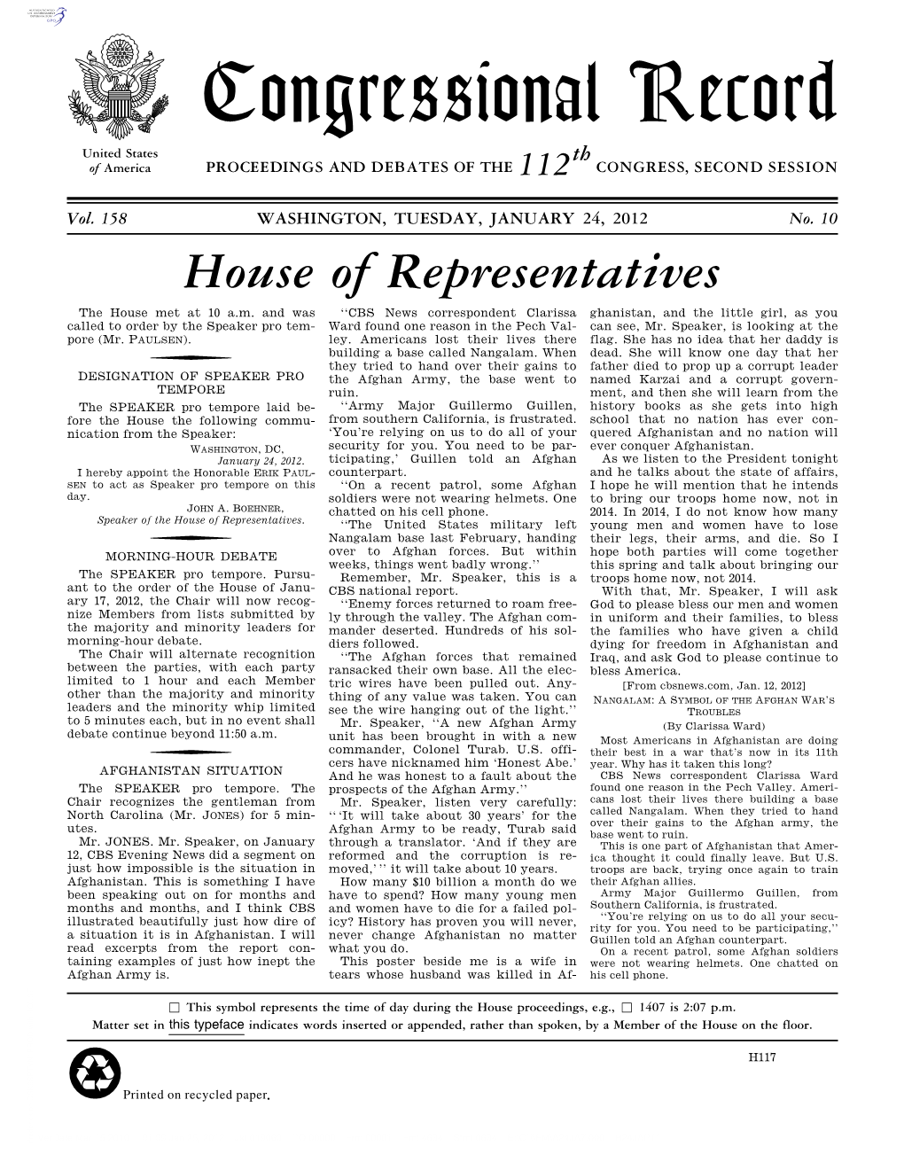 Congressional Record United States Th of America PROCEEDINGS and DEBATES of the 112 CONGRESS, SECOND SESSION