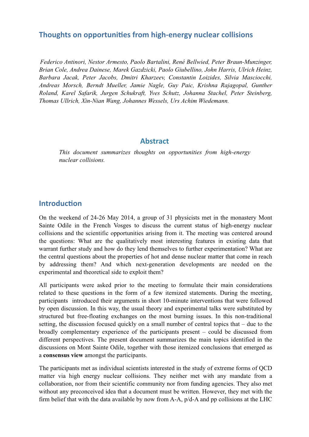 Energy Nuclear Collisions Abstract Introduc On