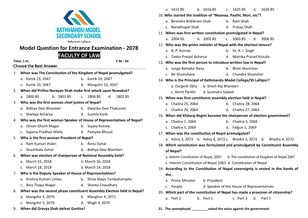 FACULTY of LAW Model Question for Entrance