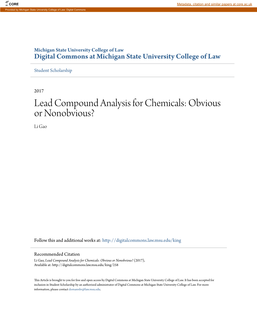 Lead Compound Analysis for Chemicals: Obvious Or Nonobvious? Li Gao