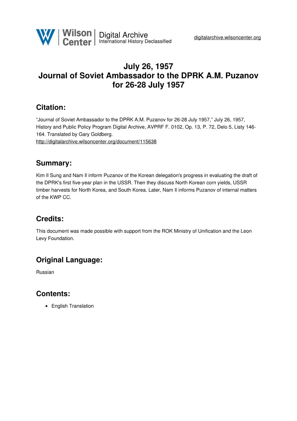 July 26, 1957 Journal of Soviet Ambassador to the DPRK A.M. Puzanov for 26-28 July 1957