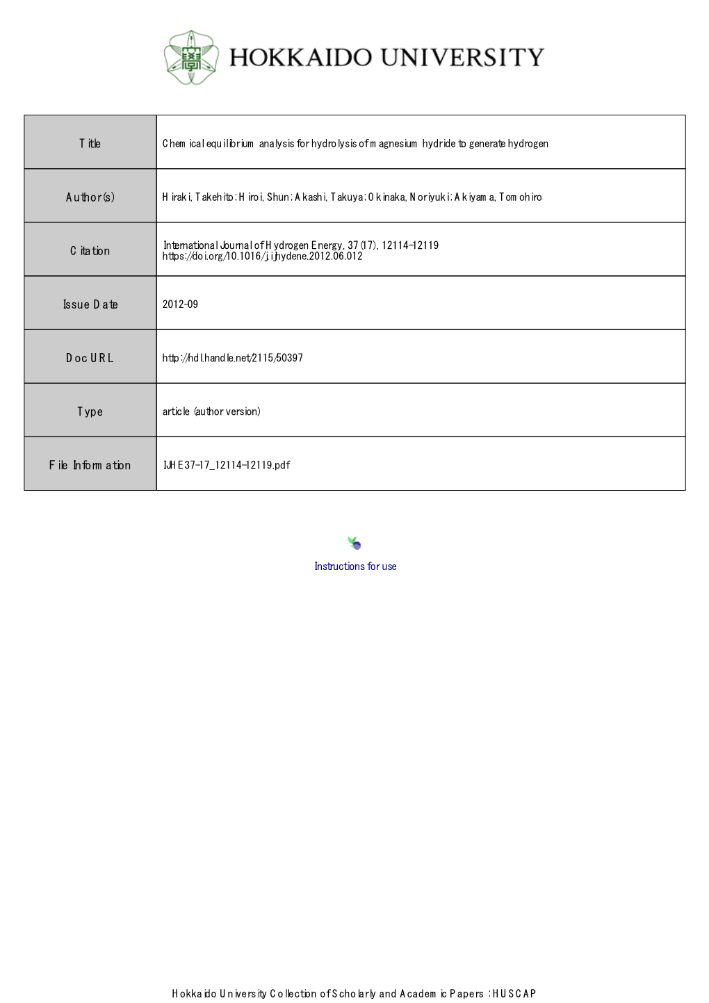 Chemical Equilibrium Analysis for Hydrolysis of Magnesium Hydride to Generate Hydrogen