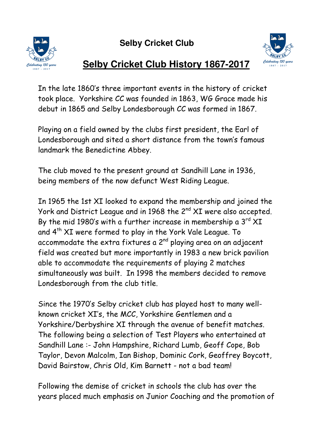 Selby Cricket Club History 1867-2017