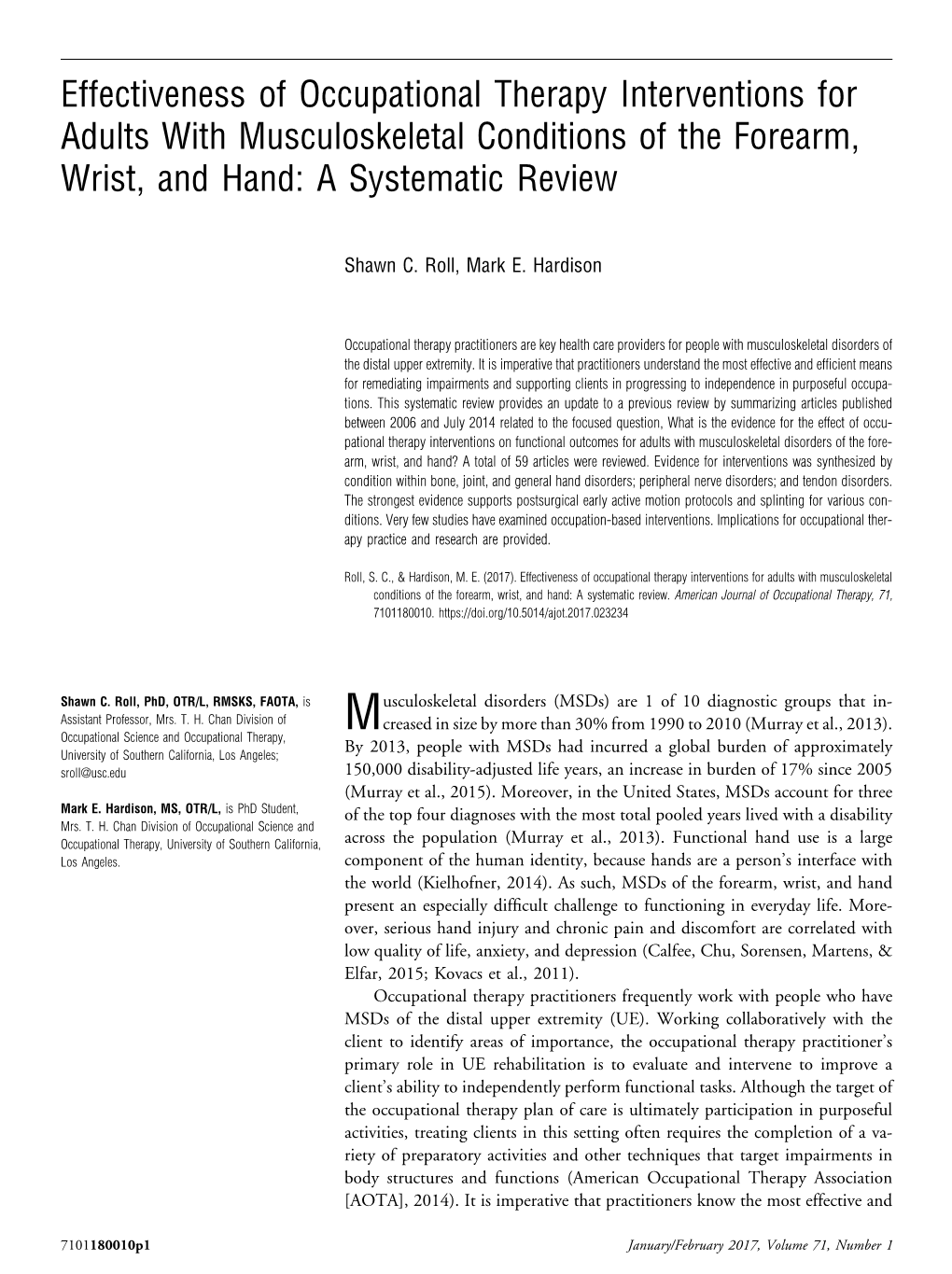 Effectiveness of Occupational Therapy Interventions for Adults with Musculoskeletal Conditions of the Forearm, Wrist, and Hand: a Systematic Review