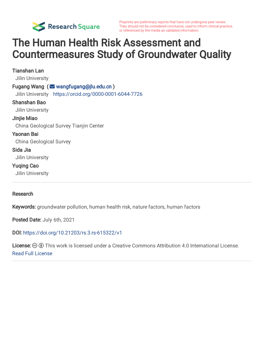 The Human Health Risk Assessment and Countermeasures Study of Groundwater Quality