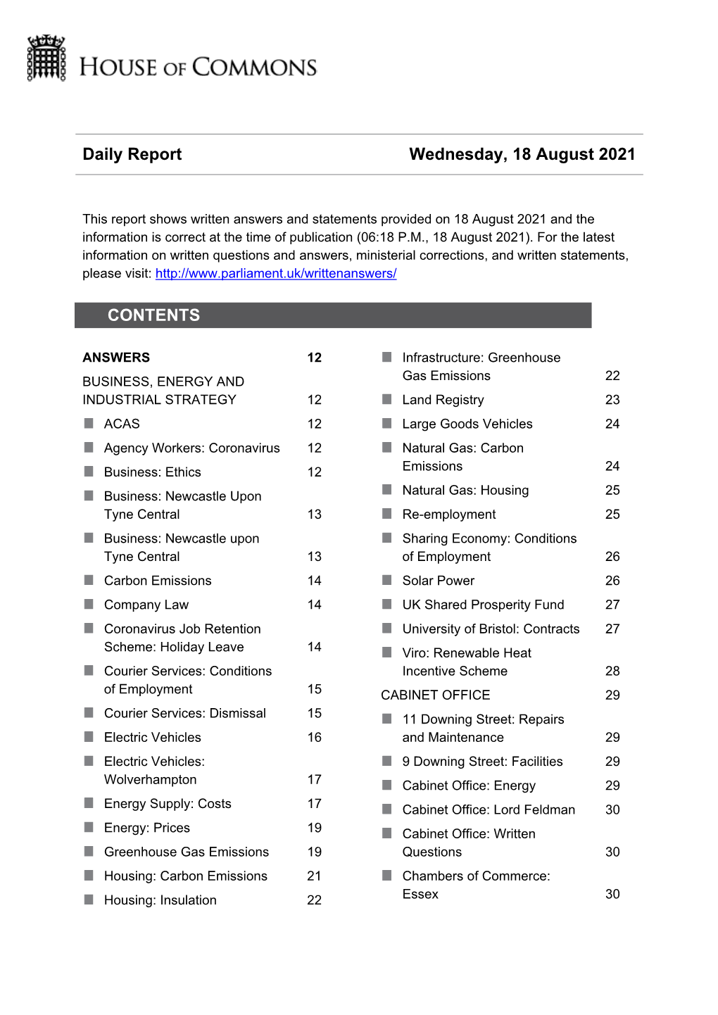 Daily Report Wednesday, 18 August 2021 CONTENTS