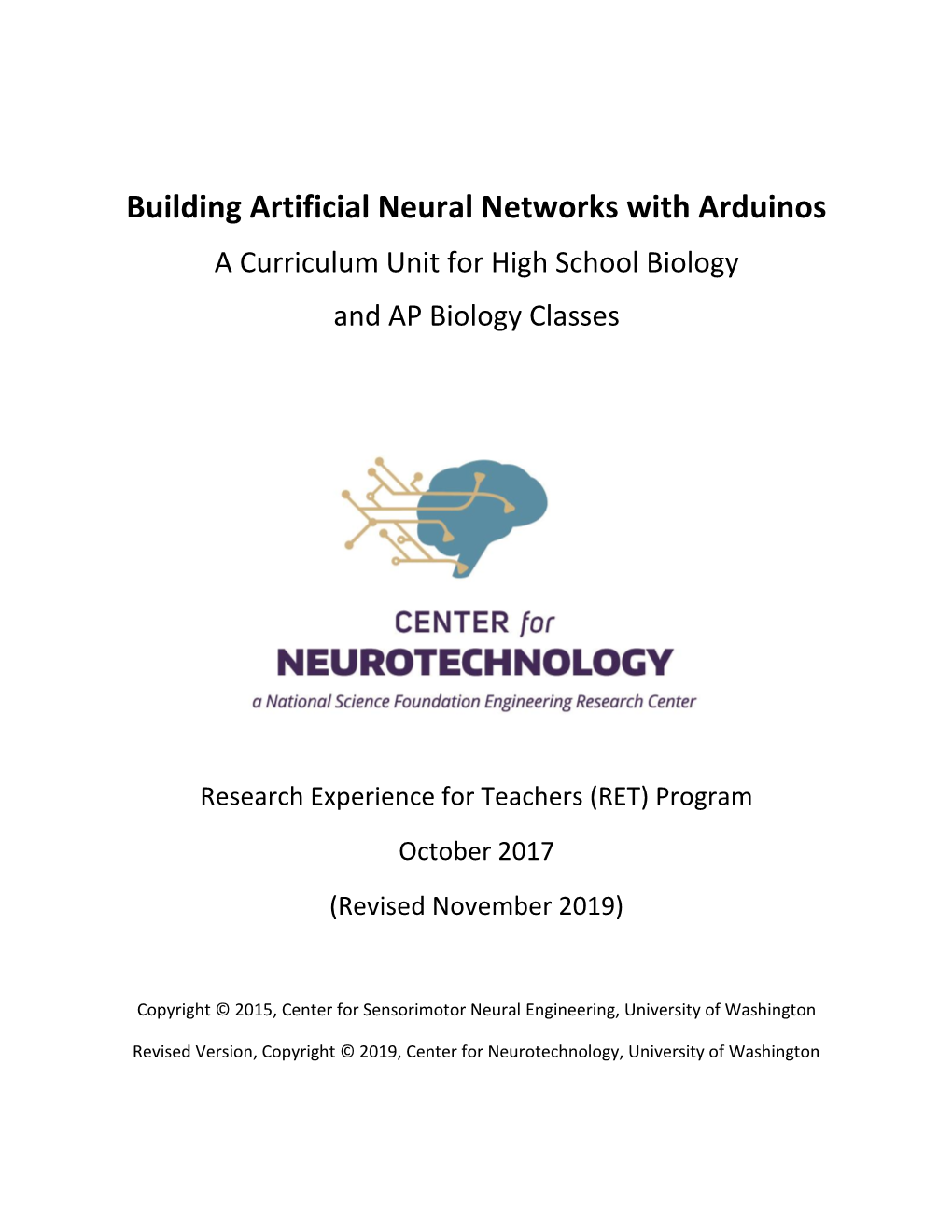 Building Artificial Neural Networks with Arduinos a Curriculum Unit for High School Biology and AP Biology Classes