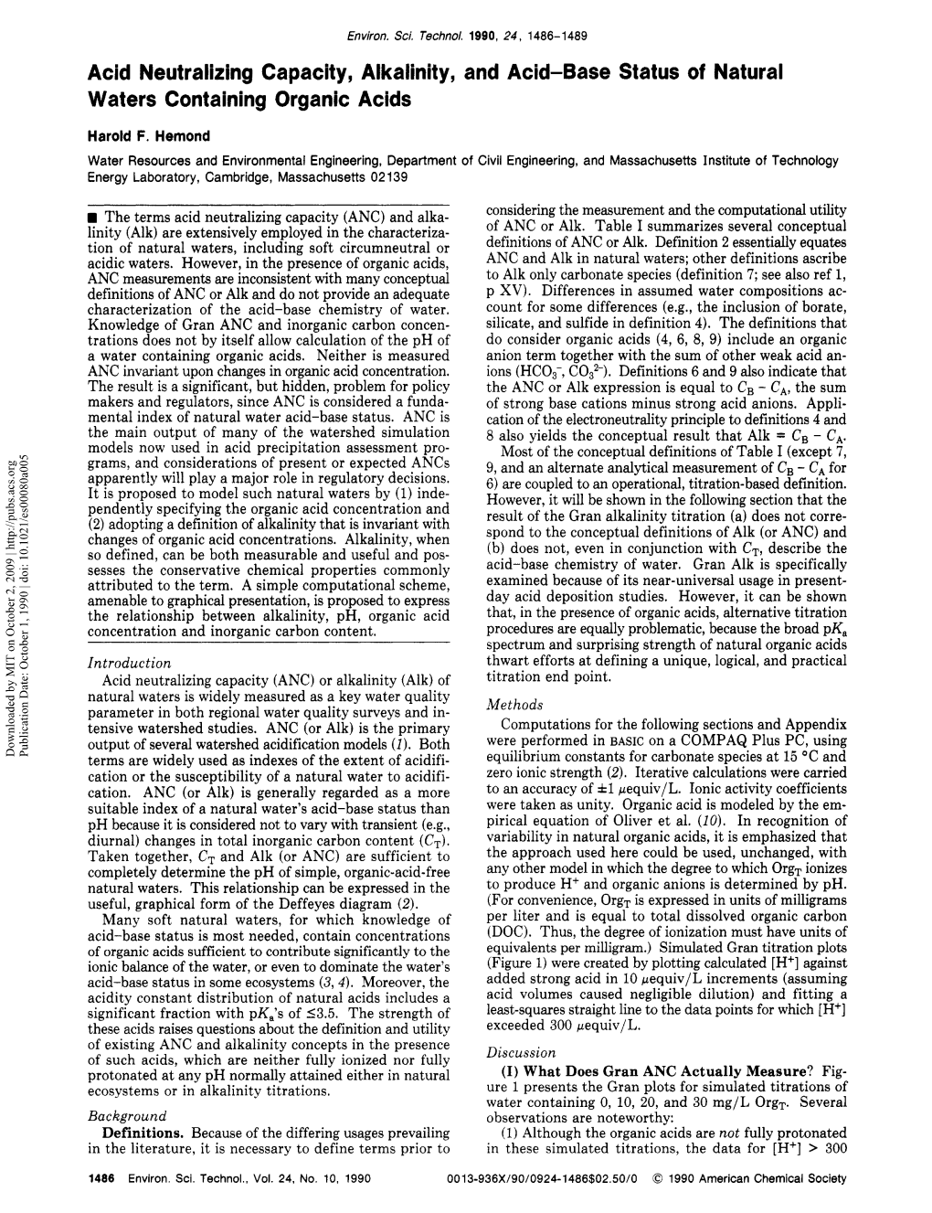 Acid Neutralizing Capacity, Alkalinity, and Acid-Base Status of Natural Waters Containing Organic Acids