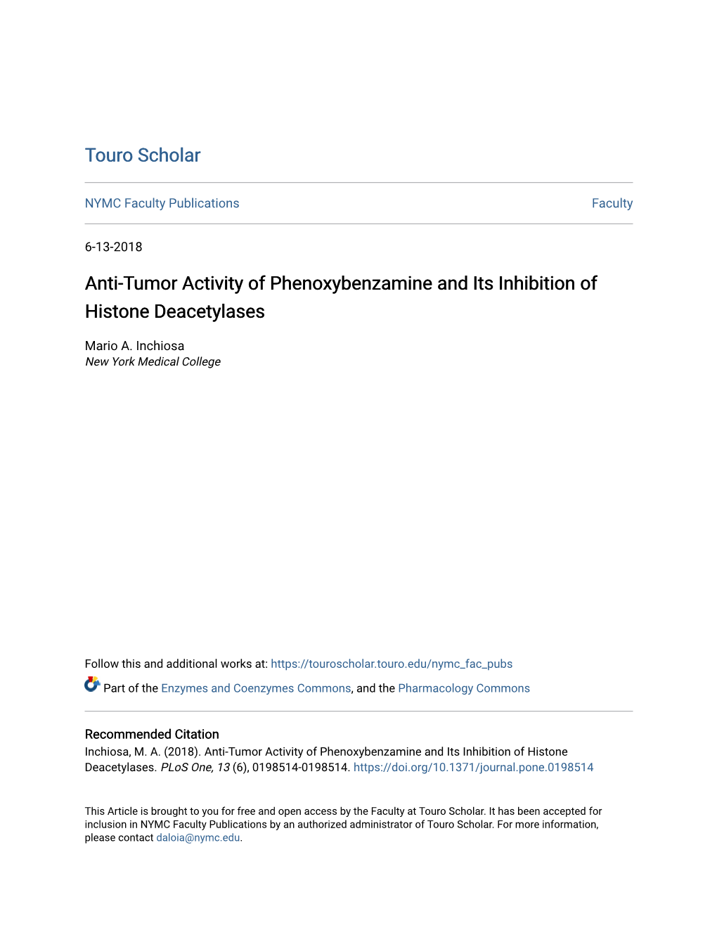 Anti-Tumor Activity of Phenoxybenzamine and Its Inhibition of Histone Deacetylases