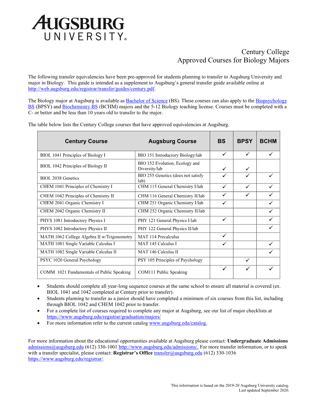 Century College Approved Courses for Biology Majors