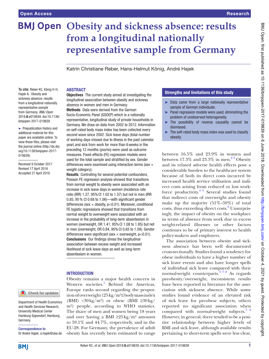 Obesity and Sickness Absence: Results from a Longitudinal Nationally Representative Sample from Germany