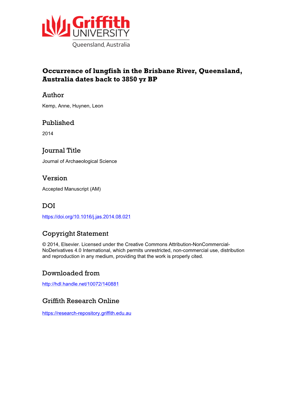 Occurrence of Lungfish in the Brisbane River, Queensland, Australia Dates Back to 3850 Yr BP