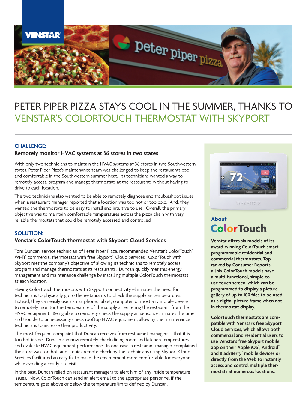 Peter Piper Pizza Stays Cool in the Summer, Thanks to Venstar’S Colortouch Thermostat with Skyport