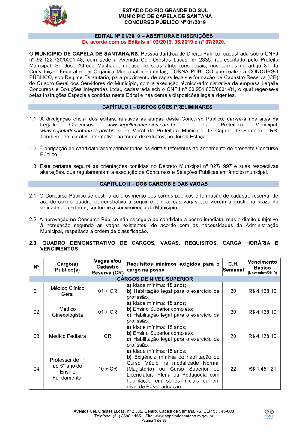 Estado Do Rio Grande Do Sul Município De Capela De Santana Concurso Público Nº 01/2019