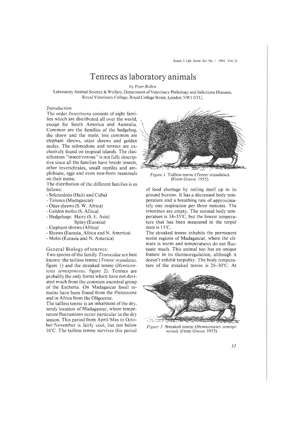 Tenrecs As Laboratory Animals