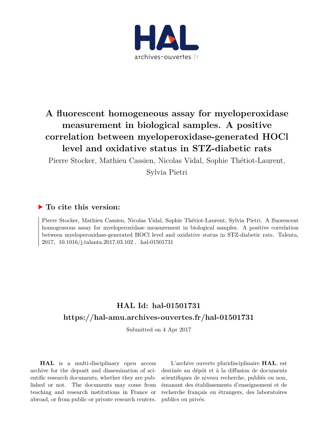 A Fluorescent Homogeneous Assay for Myeloperoxidase Measurement in Biological Samples