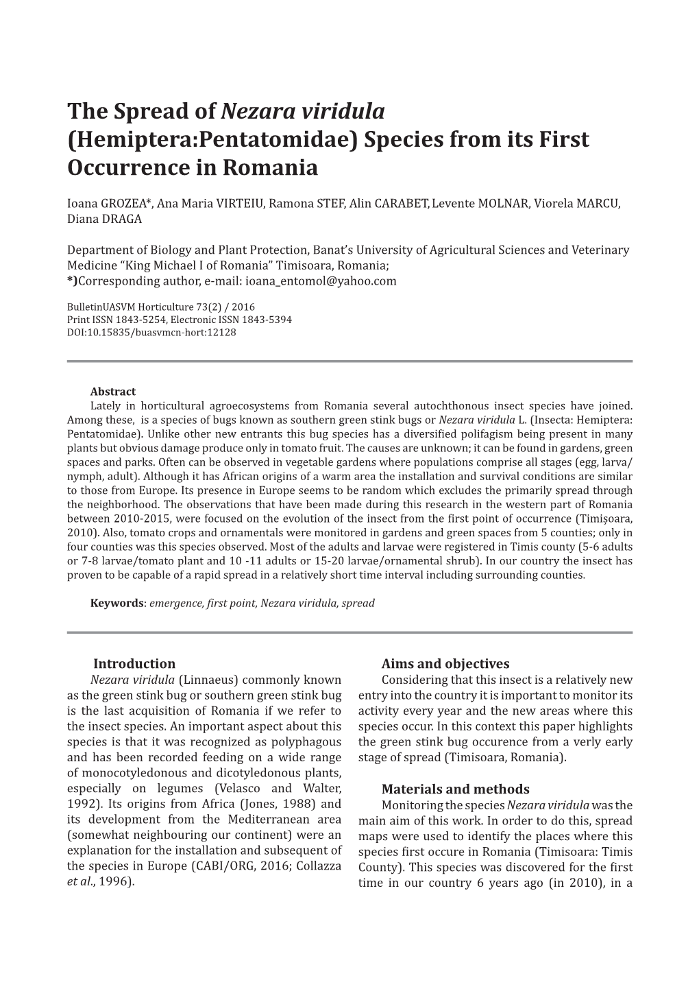 The Spread of Nezara Viridula (Hemiptera:Pentatomidae) Species from Its First Occurrence in Romania
