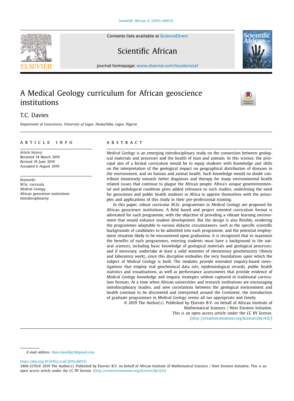 A Medical Geology Curriculum for African Geoscience Institutions