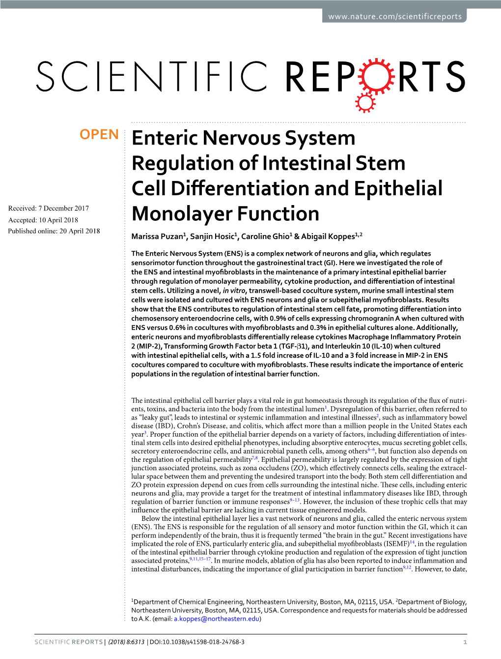 Enteric Nervous System Regulation of Intestinal Stem Cell Differentiation