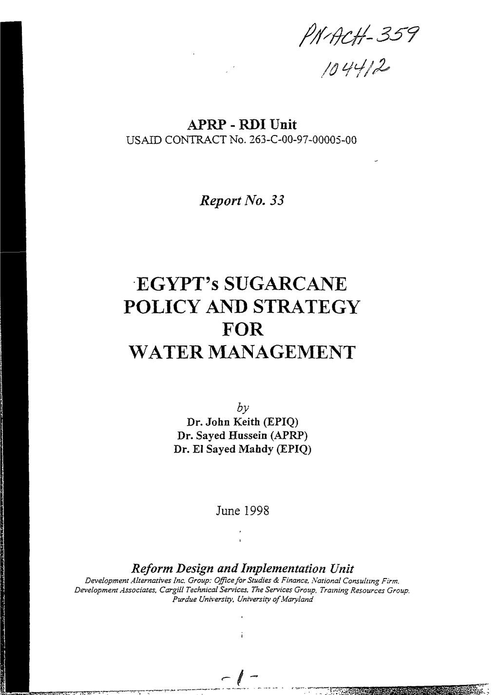 'EGYPT's SUGARCANE POLICY and STRATEGY for WATER MANAGEMENT